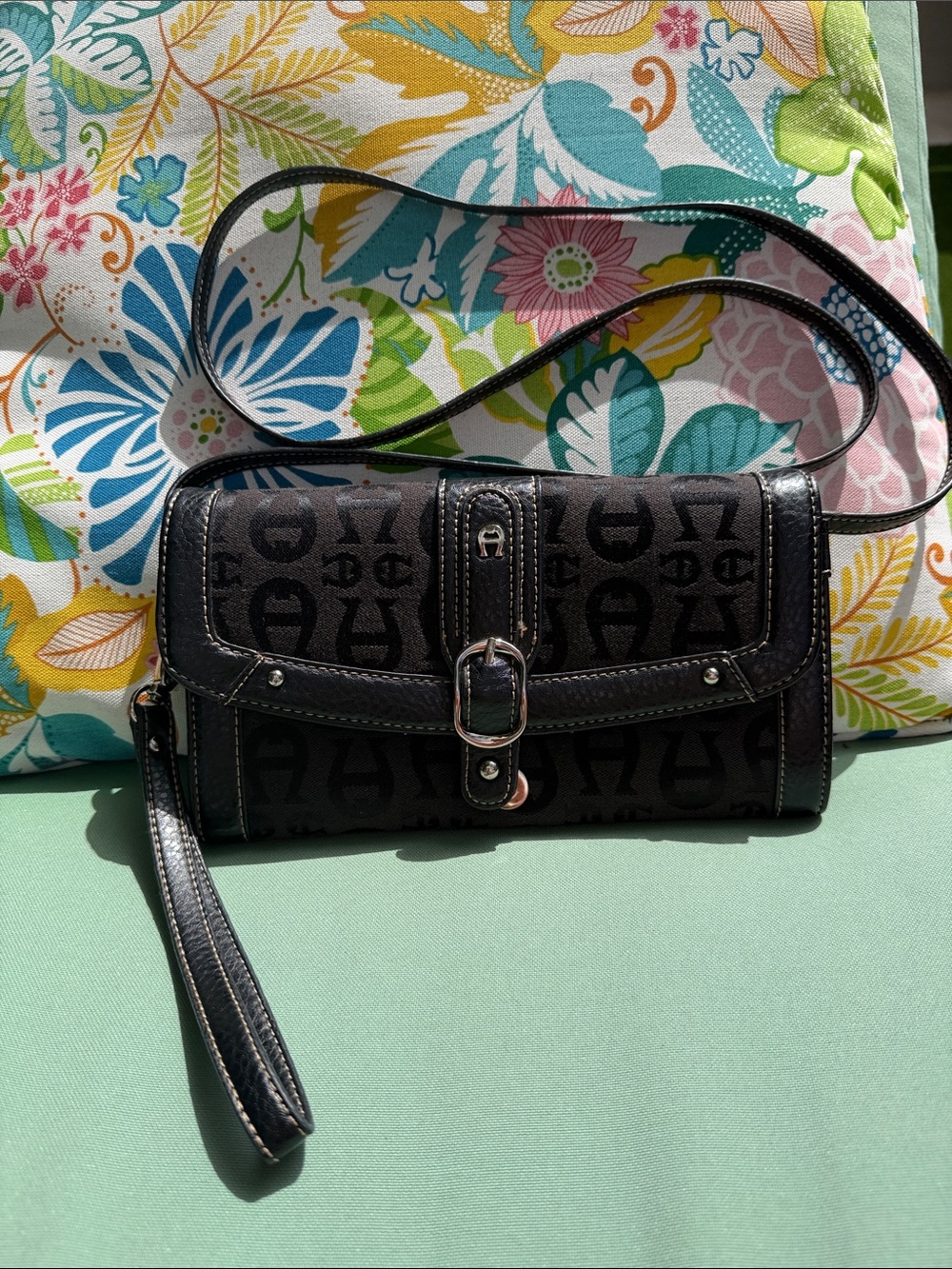 Etienne Aigner Black Logo Crossbody Clutch with Leather Trim